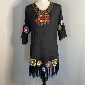 SHEIN Native Western Aztec Fringe Sheer Swimsuit Cover Up